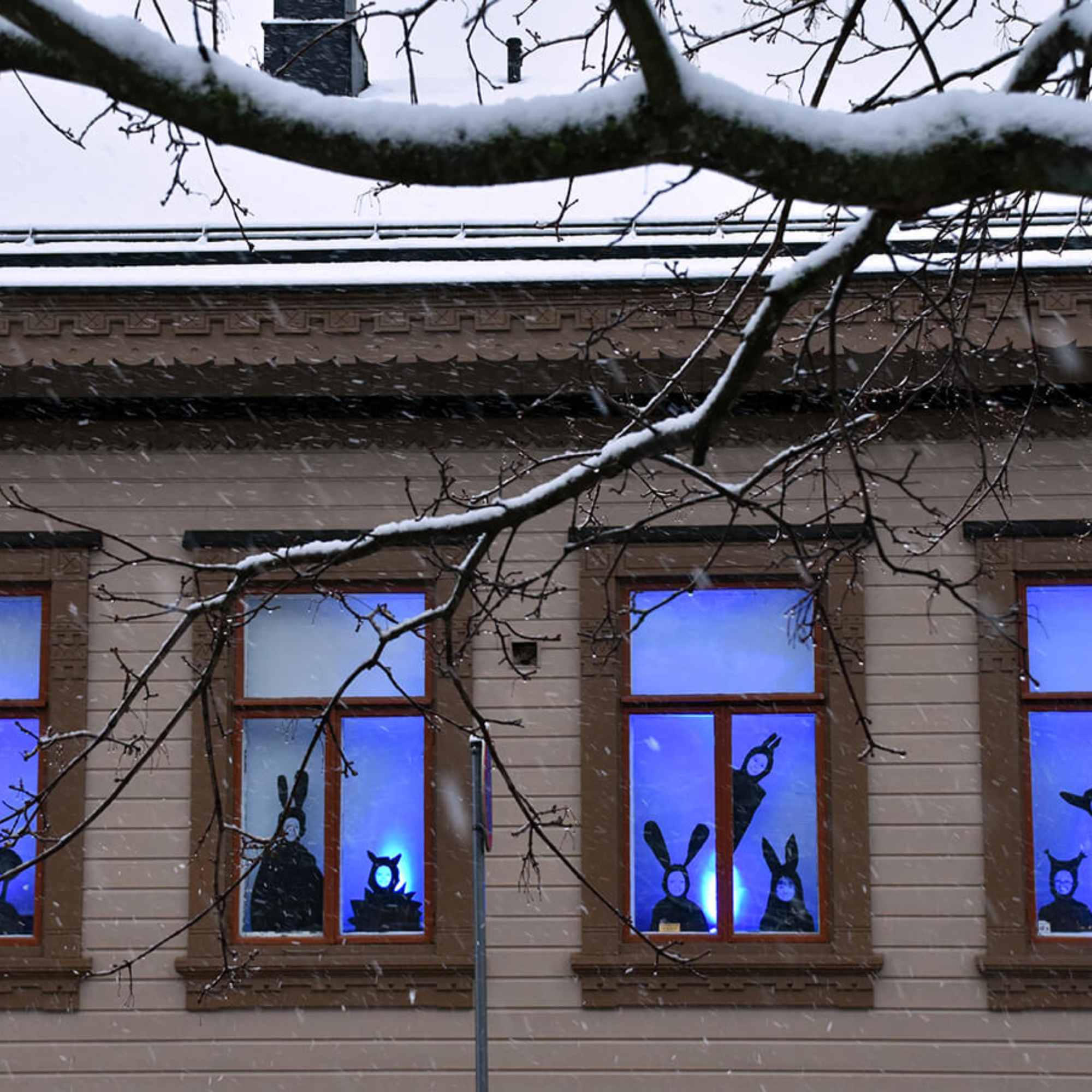 Porin taidekoulun oppilaiden eläimellisiä omakuvia koulun ikkunoissa.