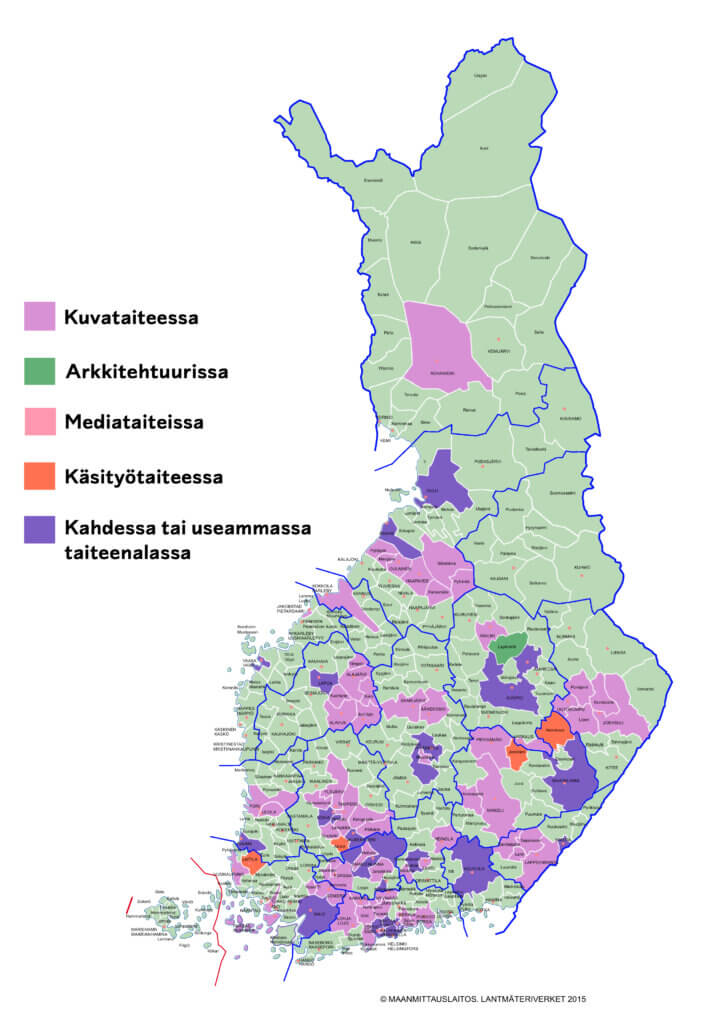 Suomen karttakuva, johon merkitty eri väreillä kunnat, joissa annettiin visuaalisten taiteiden taiteen perusopetusta tai joiden kanssa on sopimus oppilaiden mahdollisuudesta osallistua visuaalisten taiteiden taiteen perusopetukseen vuonna 2019.