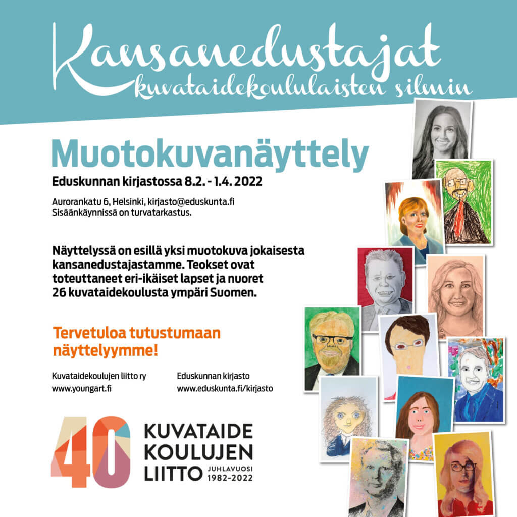 Kansandustajat kuvataidekoululaisten silmin -muotokuvanäyttelyn juliste.