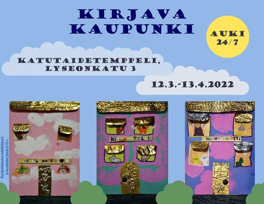 Jyväskylän kansanlaisopiston kuvataidekoulun Kirjava kaupunki -näyttelyn juliste.