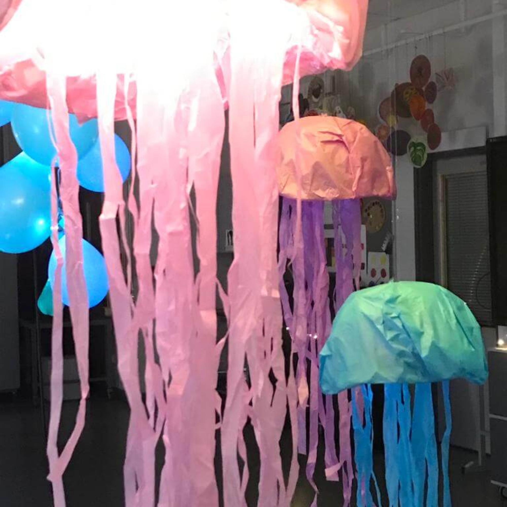 Pastellisävyisistä silkkipapereista tehtyjä ja valaistuja meduusoja roikkumassa luokkahuoneen katosta.