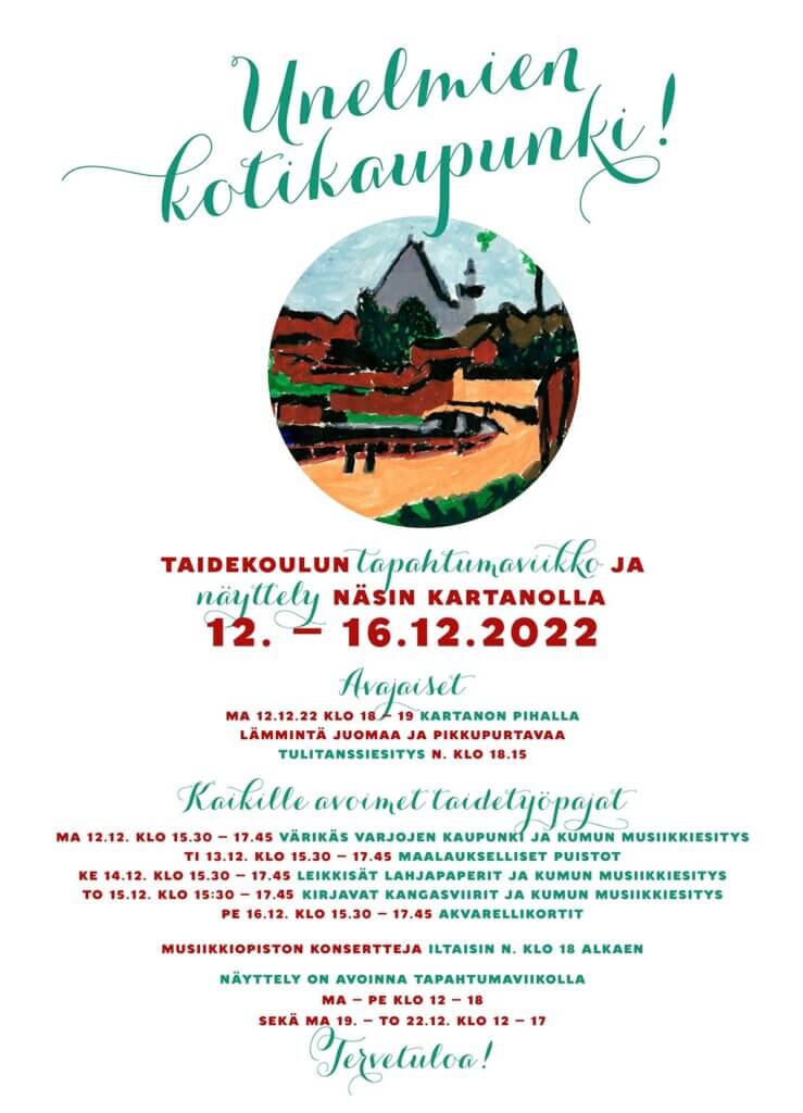 Porvoon taidekoulun suomenkielinen mainos Unelmien kotikaupunki -tapahtumaviikolle 12.-16.12.2022.