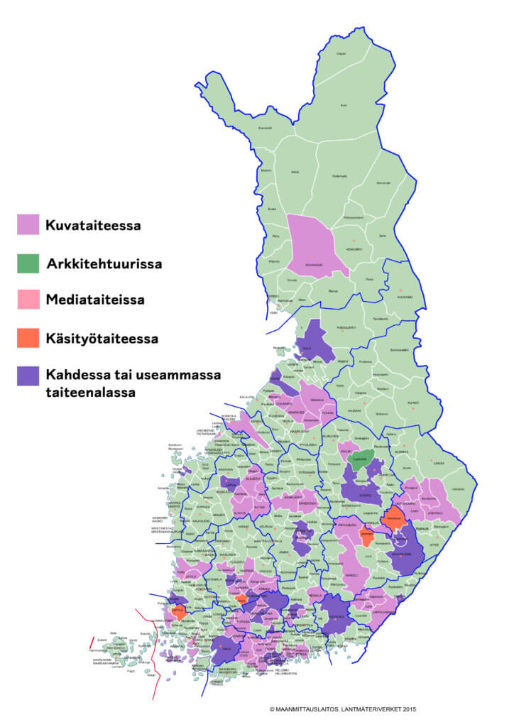 Suomen karttakuva, jossa värikoodein kerrottu, missä kunnissa annetaan mitäkin visuaalisen taiteen taiteen perusopetusta.