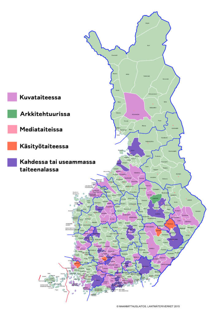 Suomen karttakuva, jossa eri värikoodeilla värjätyt kunnat sen mukaan mitä visuaalisten taiteiden taiteen perusopetusta ne antavat.