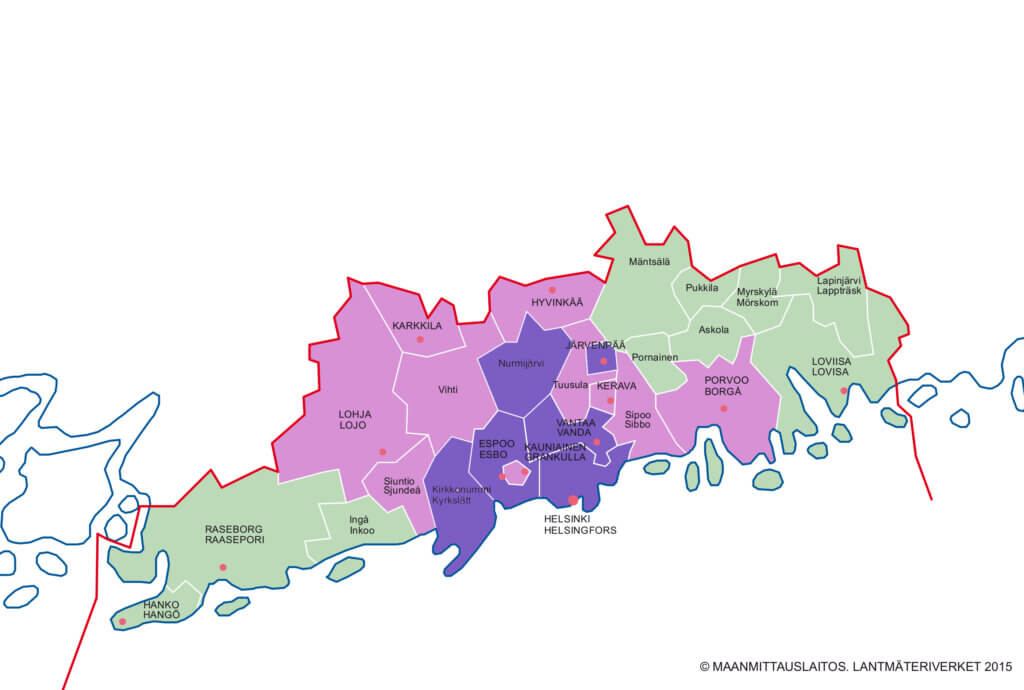 UUdenmaan karttakuva, jossa eri värikoodein värjätty kunnat sen mukaan mitä visuaalisen taiteen taiteeen perusopetusta niissä annettiin vuonna 2023.