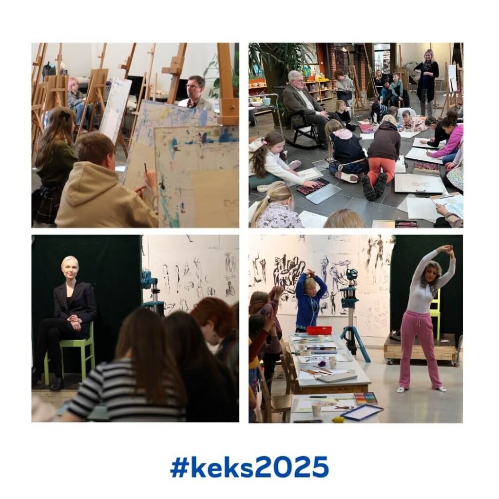 Kuvakooste kansanedustajien vieraiulista kuvataidekouluilla muotokuvamalleina, alalidessa lukee #Keks2025.