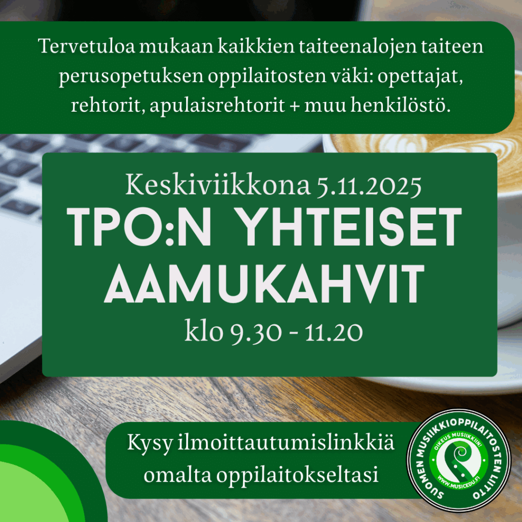 Mainoskuva taiteen perusopetuksen yhteisistä aamukahveista 5.11.2025.