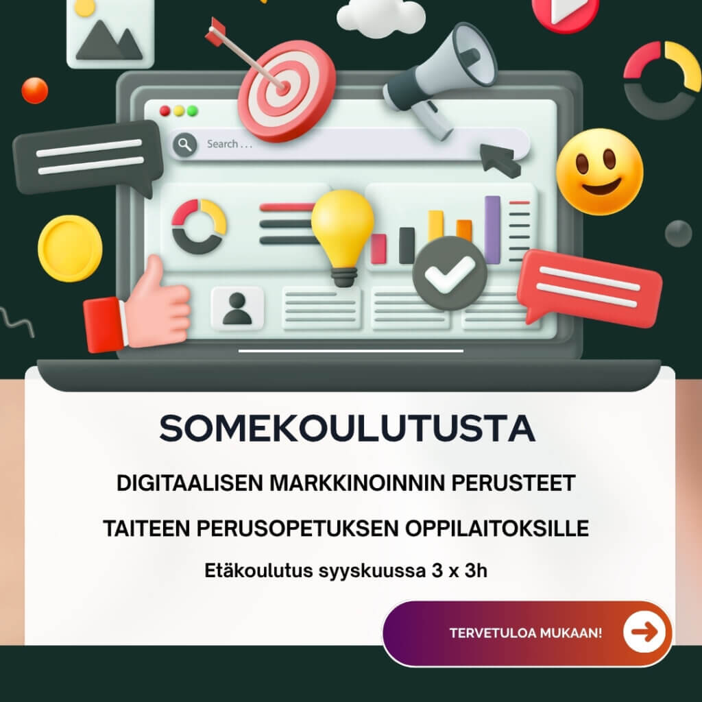 Kuvataidekulujen liiton somekoulutuksen mainoskuva.