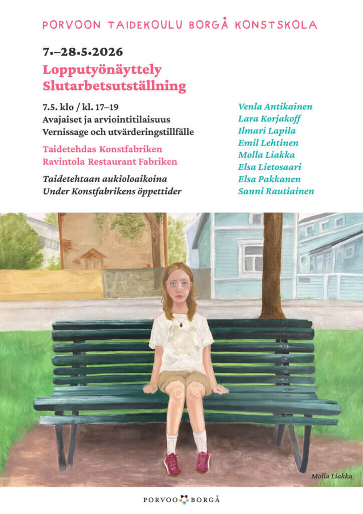 Porvoon taidekoulun lopputyönäyttelyn 7.-28.5.2026 juliste.