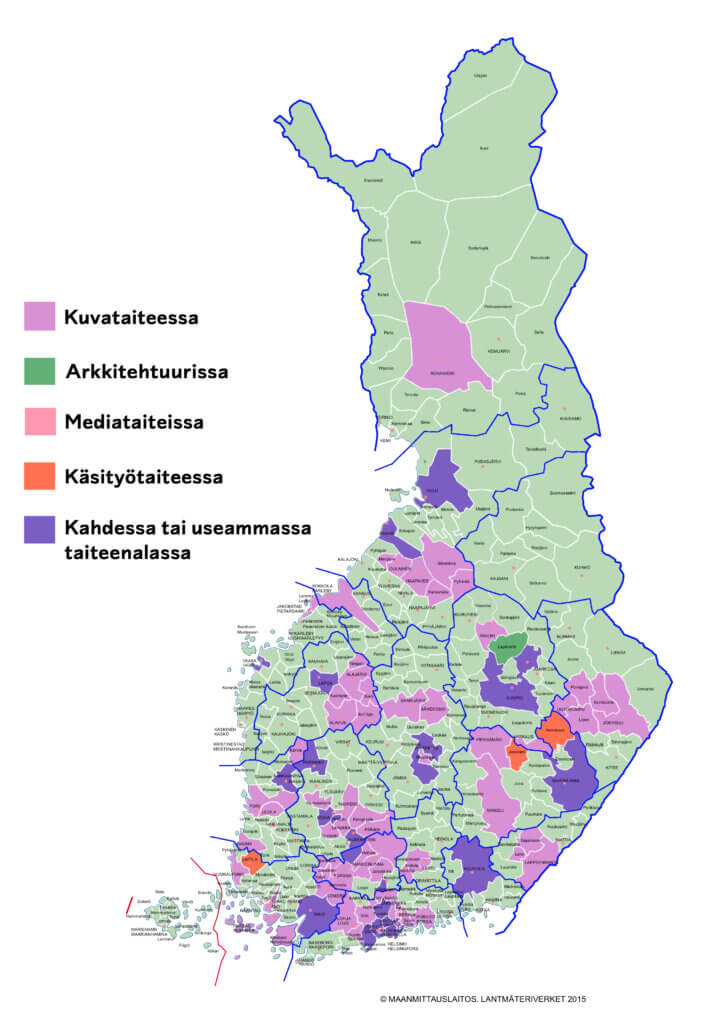 Suomen kartta, jossa kunnat väritetty eri värein sen perusteella tarjottiinko niissä taiteen perusopetusta kuvataiteessa, arkkitehtoorissa, mediataiteissa, käsityössä tai useammassa näistä vuonna 2025. Vaalealla lilla on värjätty kunnat, joissa annettiin kuvataiteen taiteen perusopetusta. Vihreällä kunnat, joissa annettiin arkkitehtuurin taiteen perusopetusta. Vaalenapunaisella kunnat, joissa annettiin mediataiteiden taiteen perusopetusta. Oranssilla kunnat, joissa annettiin käsityön taiteen perusopetusta ja violetilla kunnat, joissa annettiin kahta tai useamman eri visuaalisen taiteen taiteen perusopetusta vuonna 2025.