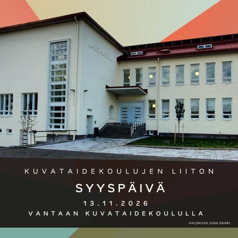 Kuvataidekoulujen liiton syyspäivän 13.11.2026 markkinointikuva, joss valokuva Kulttuuritalo Orvokista ja tekstinä Kuvataidekoulujen liiton syyspäivä 13.11.2026 Vantaan kuvataidekoululla.